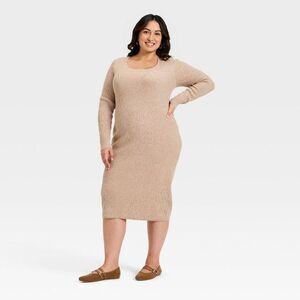 Women's Long Sleeve Textured Transitional Midi Sweater Dress - Brown 1X